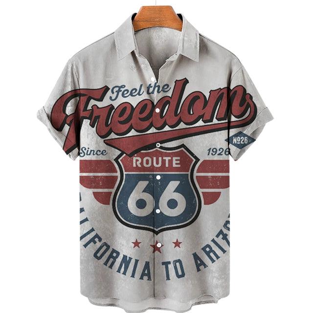 Feel The Freedom Route 66 Red White Blue 3D Printed Short Sleeve Lapel Shirt Fashion Style Racing 3D Print Short Sleeve Shirt - Lizard Vigilante