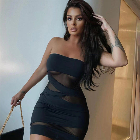 Winter Women Clothing Chest Wrapped off Neck Sexy See through Slim Fit Sheath Dress Women