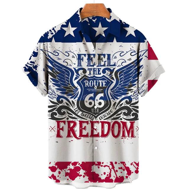 Feel The Freedom Route 66 Red White Blue 3D Printed Short Sleeve Lapel Shirt Fashion Style Racing 3D Print Short Sleeve Shirt - Lizard Vigilante