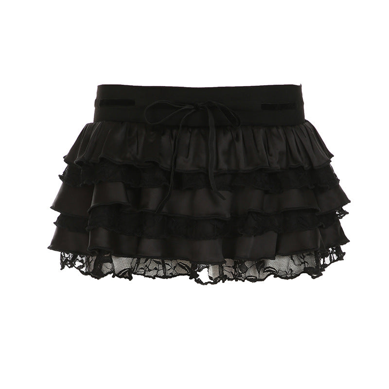 Sexy Street Sexy Skirt Solid Color Satin Stitching Multi Layer Tiered Dress Low Waist Skirt