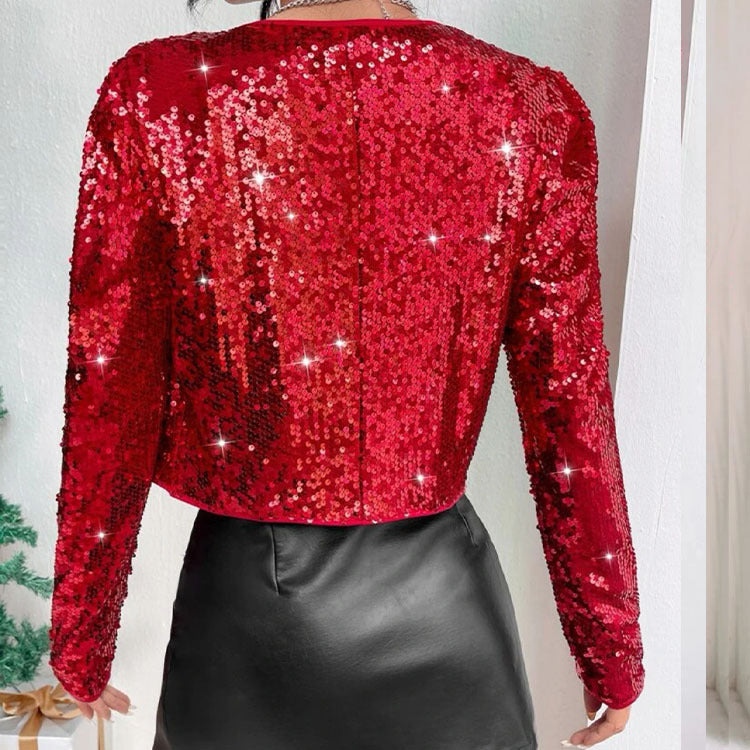 Women Clothing Autumn Popular Hipster Rock Wind O neck Short Sequined Coat