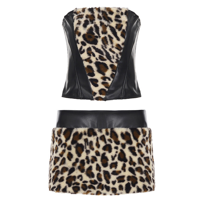 Women Clothing Two Piece Sets Leopard Fur Stitching Leather Tube Top Sexy Hip Skirt Two Piece Sets