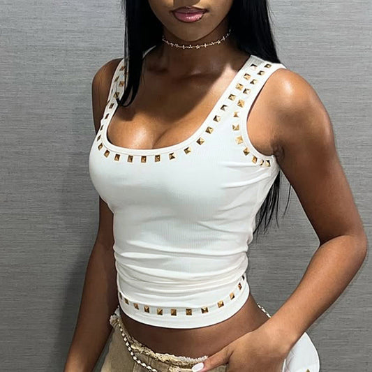 Personality Street Metal Square Rhinestone I Shaped Vest Square Collar Sexy Casual Top Summer