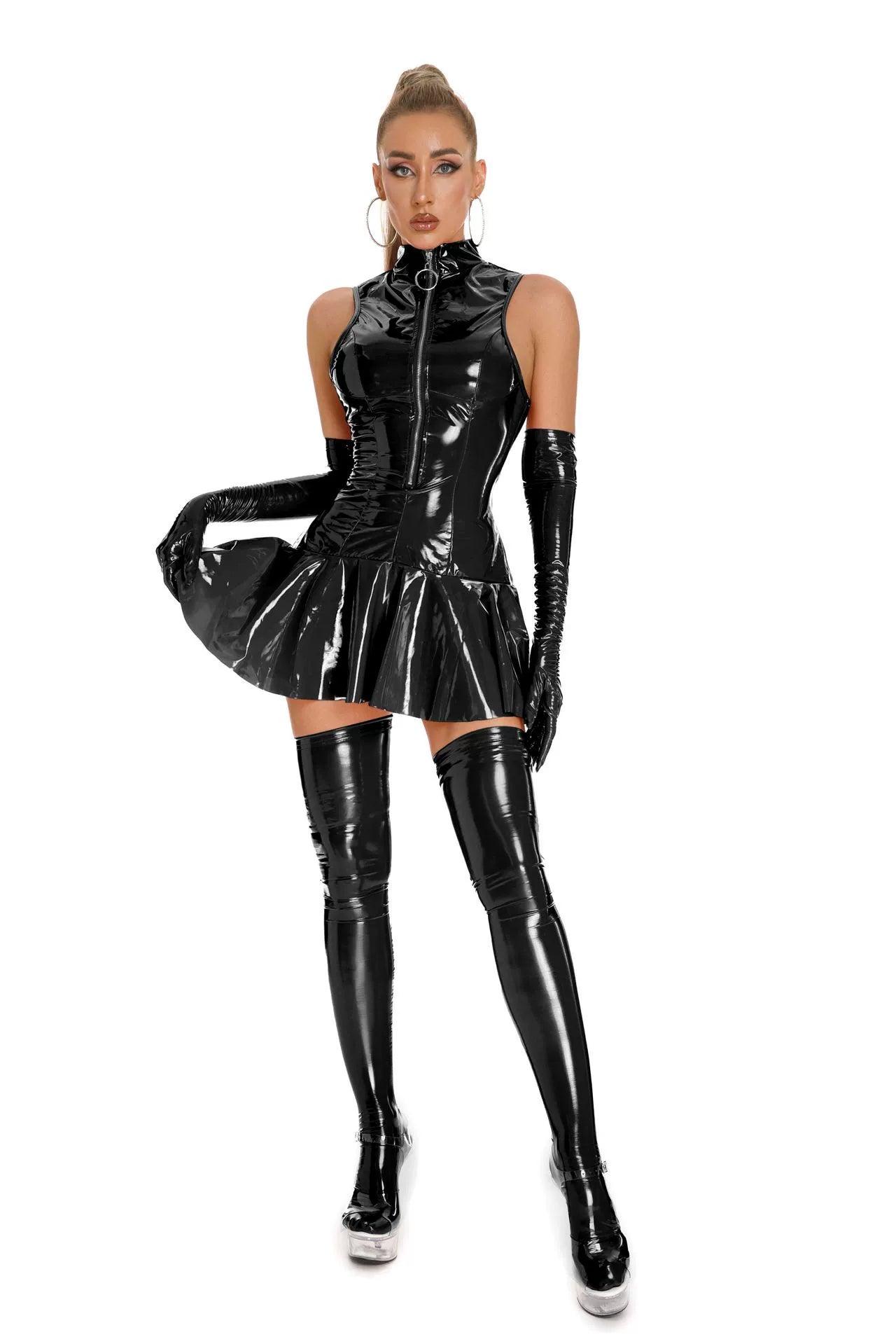 Tight Zipper Patent Leather Nightclub Dress Leather Conditioner Bright Patent Leather PU Leather Mirror Intimates Women - Lizard Vigilante