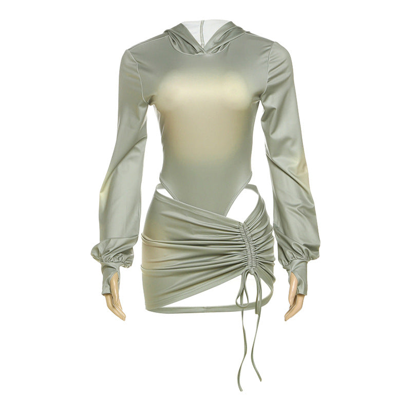 Fall Women Clothing Sexy Backless Hooded Jumpsuit Drawstring Bag Hip Skirt Two Piece Sets