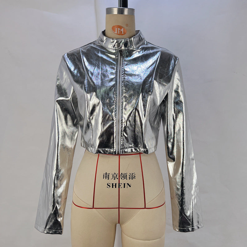 Metallic Coated Fabric Women Clothing Fall Winter Faux Leather Metal Collar Zipper Jacket Women Leather Jacket Coat
