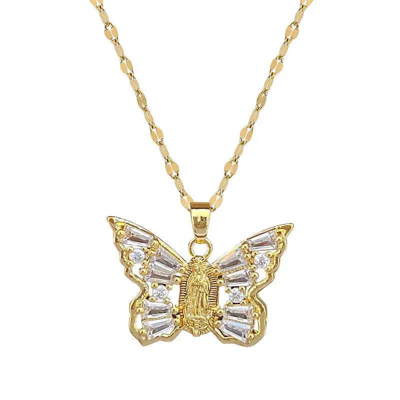 Titanium Steel Micro-inlaid Portrait Butterfly Zircon Necklace