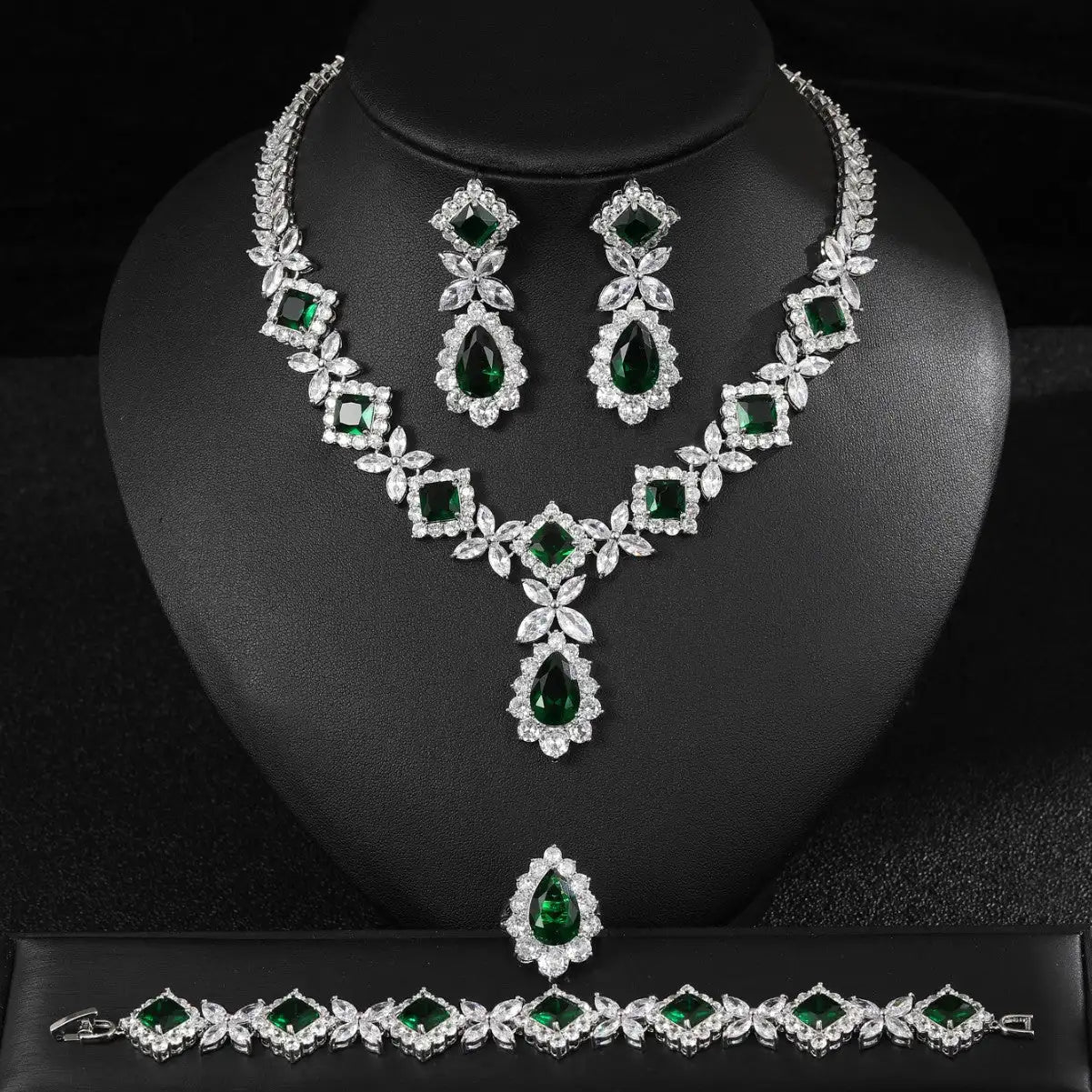 European And American Luxury Zircon Necklace Earring Bracelet Ring Suit