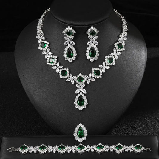 European And American Luxury Zircon Necklace Earring Bracelet Ring Suit