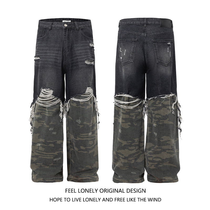 Men's American High Street Stitched Camouflage Wide Leg Jeans