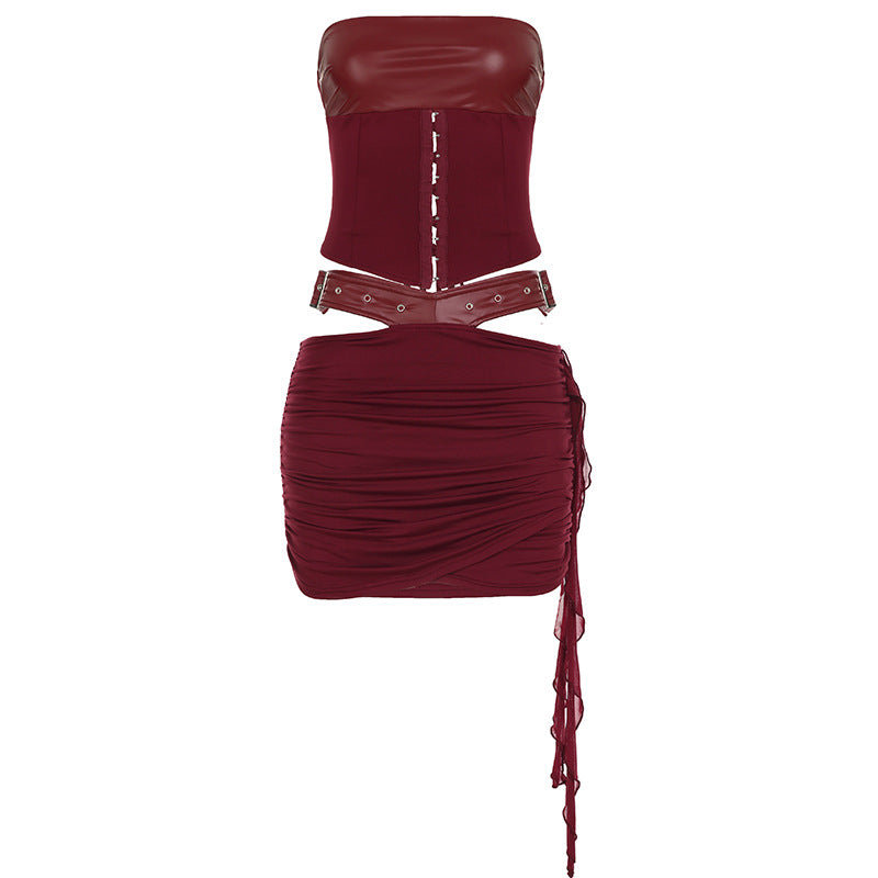 Vintage Court Waist Shaping Lace up Tube Top Leather Hollow Out Cutout out Wrist Hanging Package Hip Skirt Set Women