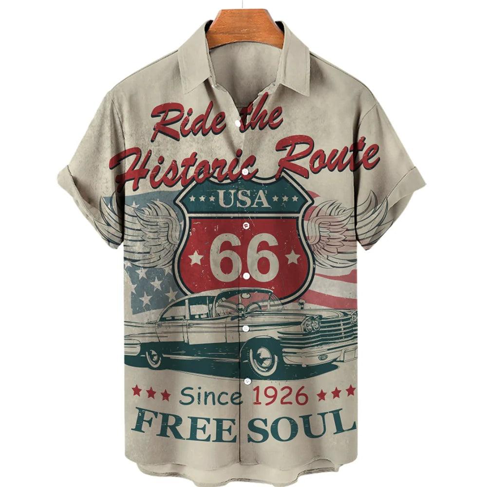 Feel The Freedom Route 66 Red White Blue 3D Printed Short Sleeve Lapel Shirt Fashion Style Racing 3D Print Short Sleeve Shirt - Lizard Vigilante