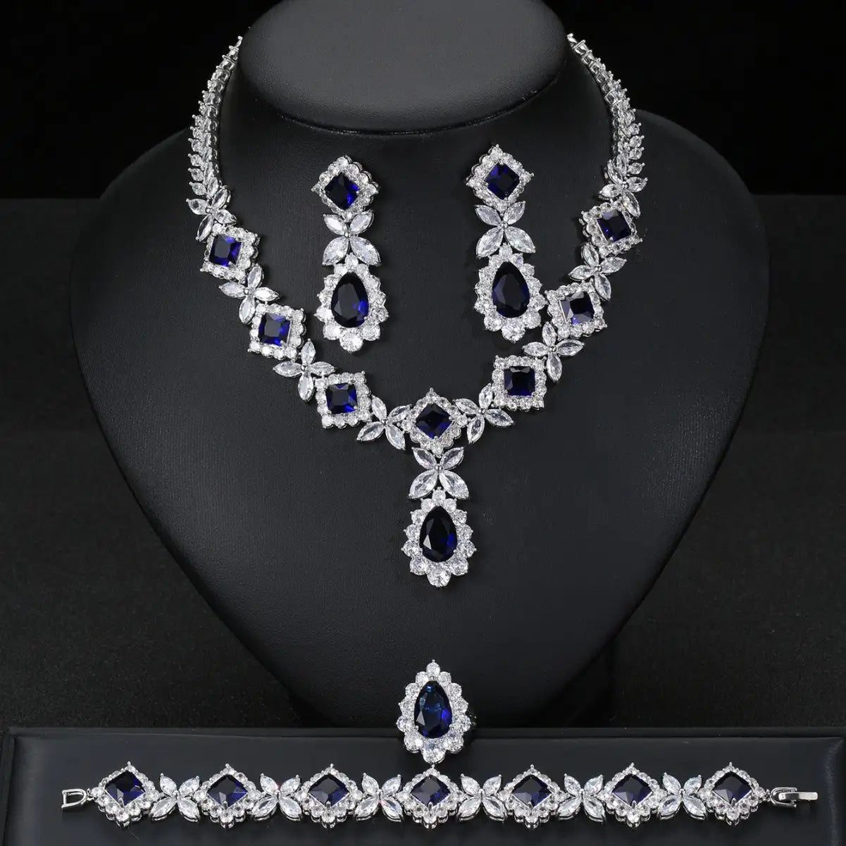 European And American Luxury Zircon Necklace Earring Bracelet Ring Suit