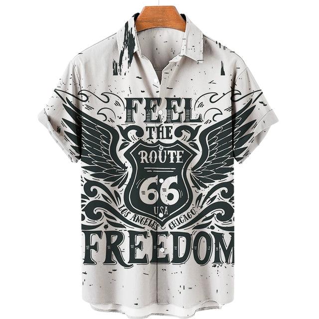 Feel The Freedom Route 66 Red White Blue 3D Printed Short Sleeve Lapel Shirt Fashion Style Racing 3D Print Short Sleeve Shirt - Lizard Vigilante