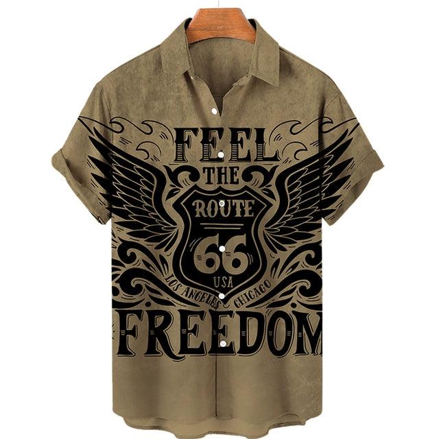 Feel The Freedom Route 66 Red White Blue 3D Printed Short Sleeve Lapel Shirt Fashion Style Racing 3D Print Short Sleeve Shirt - Lizard Vigilante