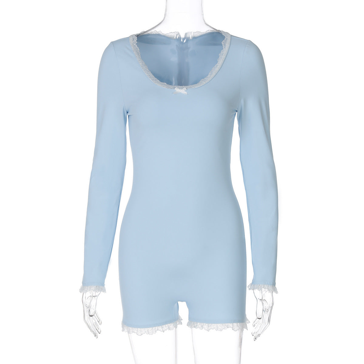 Women Clothing Autumn Sexy U Collar Lace Stitching Back Zipper Slim Fit Long Sleeve Jumpsuit