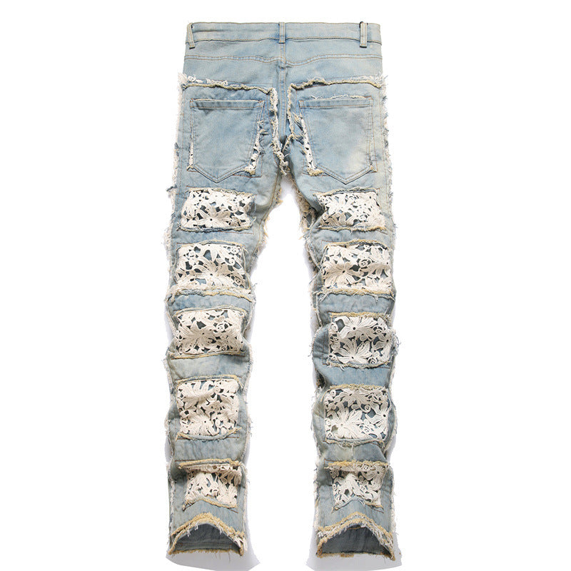 Slim-fit Straight Double-sided Embroidered Patch Youth Blue Men's Flared Jeans