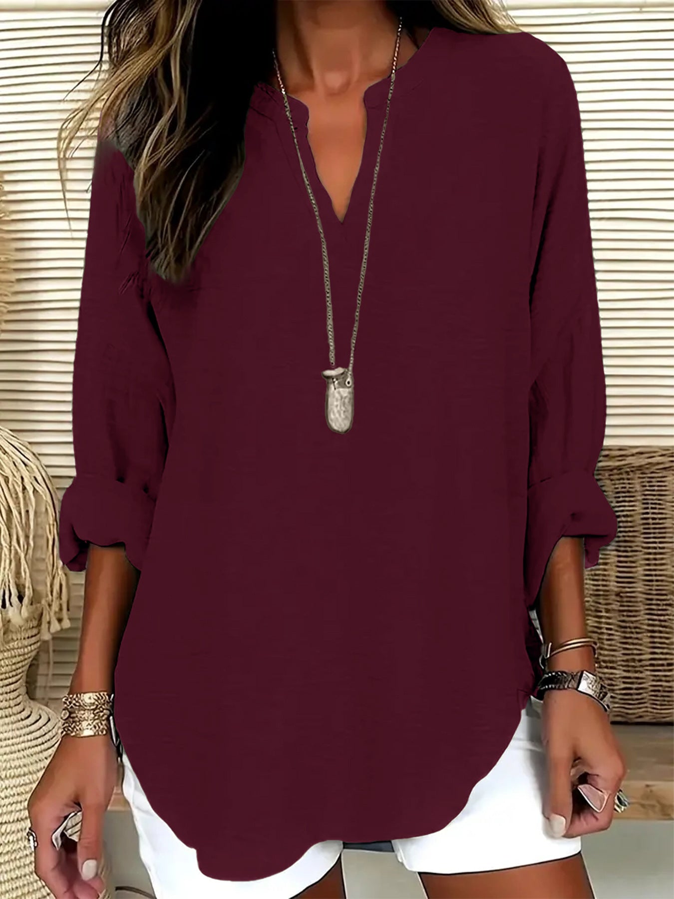 Women's V-neck Drop-shoulder Long-sleeve T-shirt