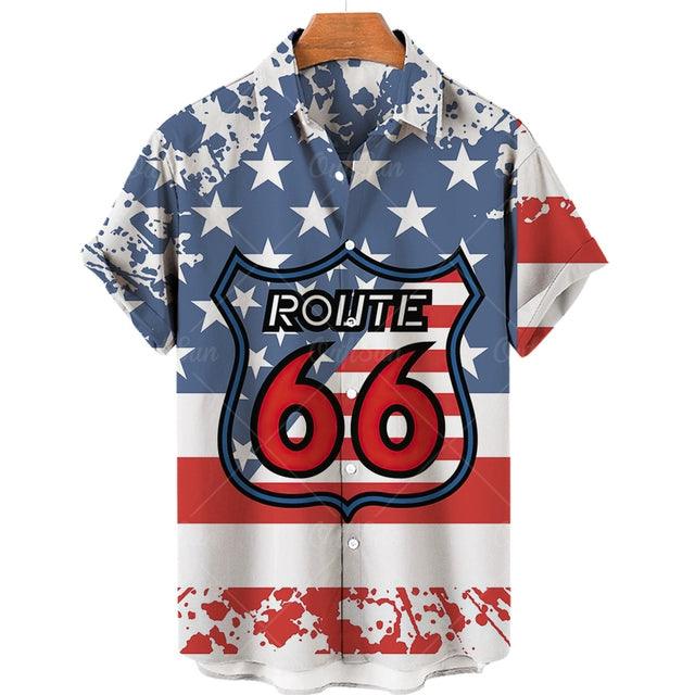 Feel The Freedom Route 66 Red White Blue 3D Printed Short Sleeve Lapel Shirt Fashion Style Racing 3D Print Short Sleeve Shirt - Lizard Vigilante