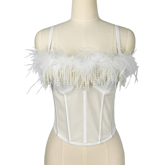 Pearl Feather Sexy Boning Corset Bra Autumn Winter Matching Tube Top Beauty Back Sling Tassel Stage Camisole