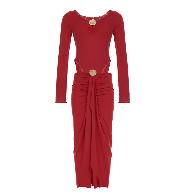 Graceful Women Metal Decorative Long Sleeved Jumpsuit Split Skirt Long Skirt Hollow Out Cutout out Cropped Two Piece Set