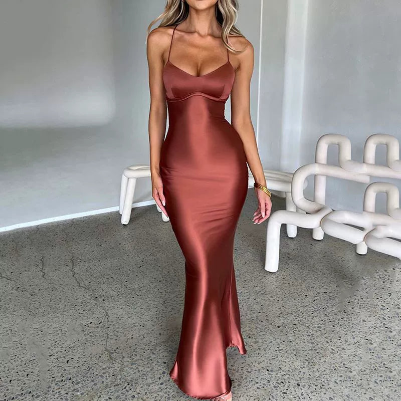 Star-Studded Occasions Fishtail Dress | Classy Silky Satin Open Back Over-the-Knee Mermaid Gown – Perfect for Birthday Parties & Summer Events - Premium dress from Lizard Vigilante - Just $36.66! Shop now at Lizard Vigilante