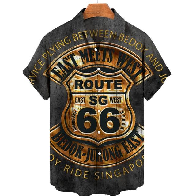 Feel The Freedom Route 66 Red White Blue 3D Printed Short Sleeve Lapel Shirt Fashion Style Racing 3D Print Short Sleeve Shirt - Lizard Vigilante