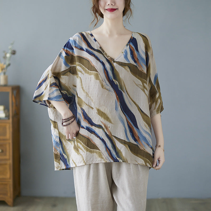 Cotton And Linen Art Batwing Sleeve Shirt