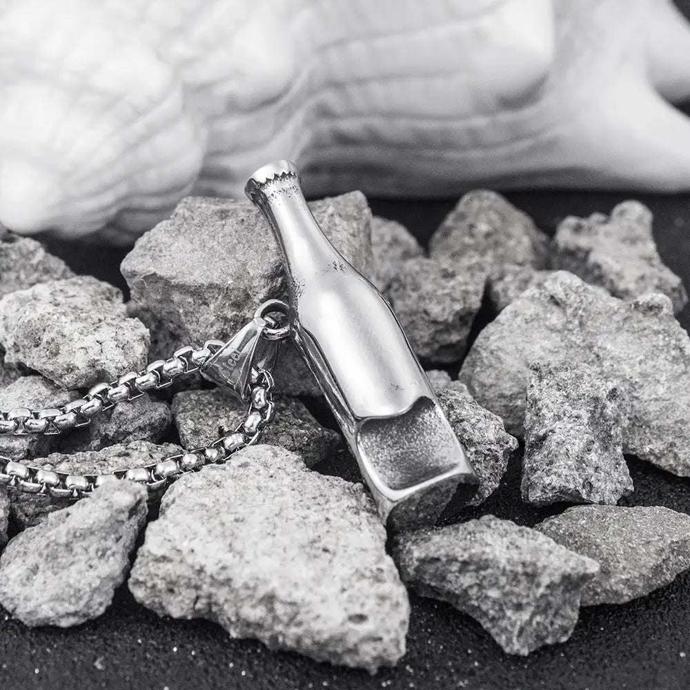 Men's Fashion Beer Bottle Bottle Opener Pendant Long Stainless Steel Necklace