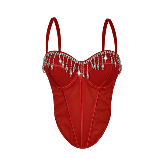 Rhinestone Tassel Boning Corset Bra Sexy Contrast Color Slim Fitting Suspenders Vest Chest Pad Tube Top Sexy Boning Corset Top