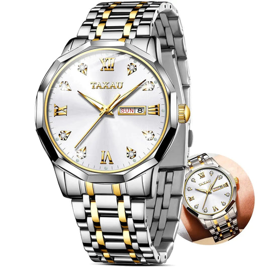 Taxau Gold Sliver Classic Watches White Dial Men Analog Quartz Watches Men Stainless Steel Strap Watches Mens Date Watches Diamond Watches Mens Waterproof Watch Relojes para Hombre Roman Numerals