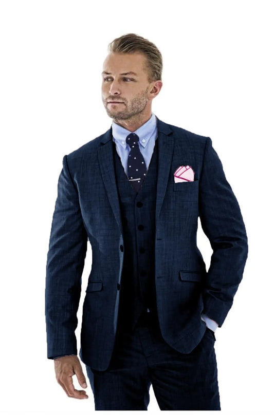 Wudli Mens 3 Pieces Linen Suit Slim Fit Summer Wedding Tuxedo Retro Grooms Prom Party Blazer Waistcoat Trousers Navy-S