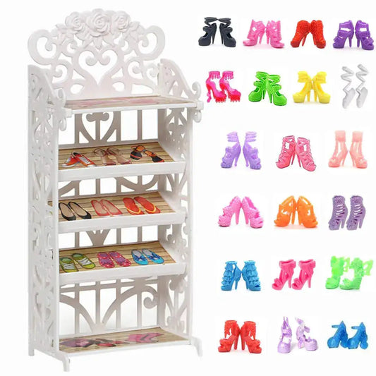 1 Doll Shoes Rack + 20 Pairs Doll Shoes Different Assorted Colors High Heel Shoes Doll Boots Flat Shoes Set Replacement for 11.5 inch Doll (Doll Rack & Shoes)