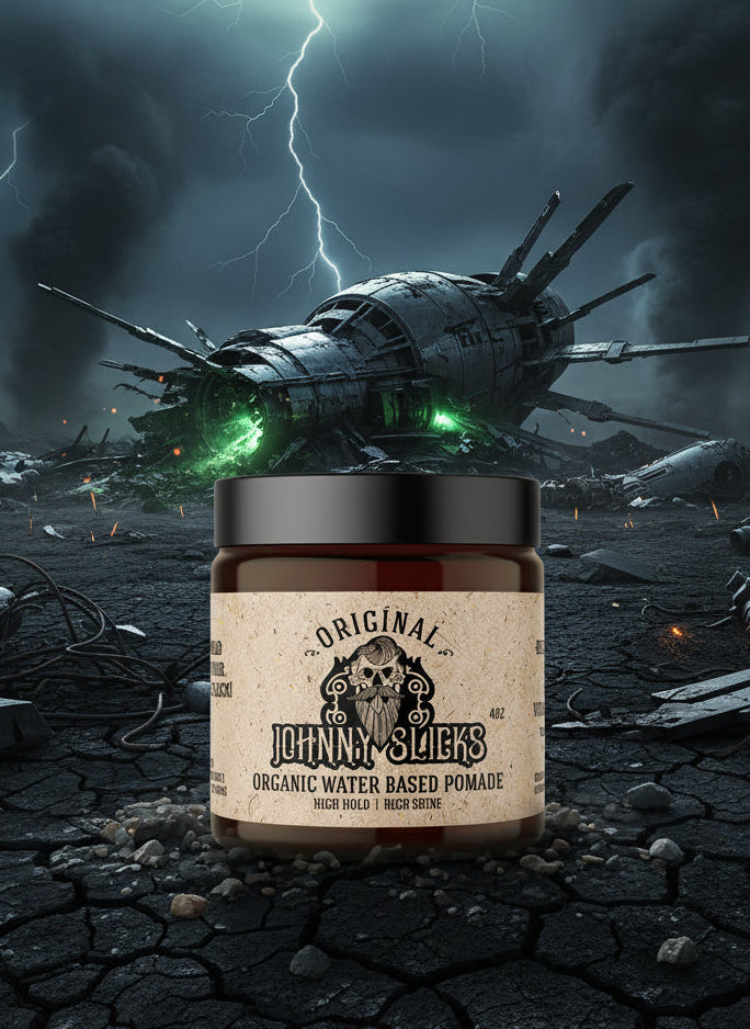 Jar of Johnny & Slicks organic water-based pomade with a black lid on a white background