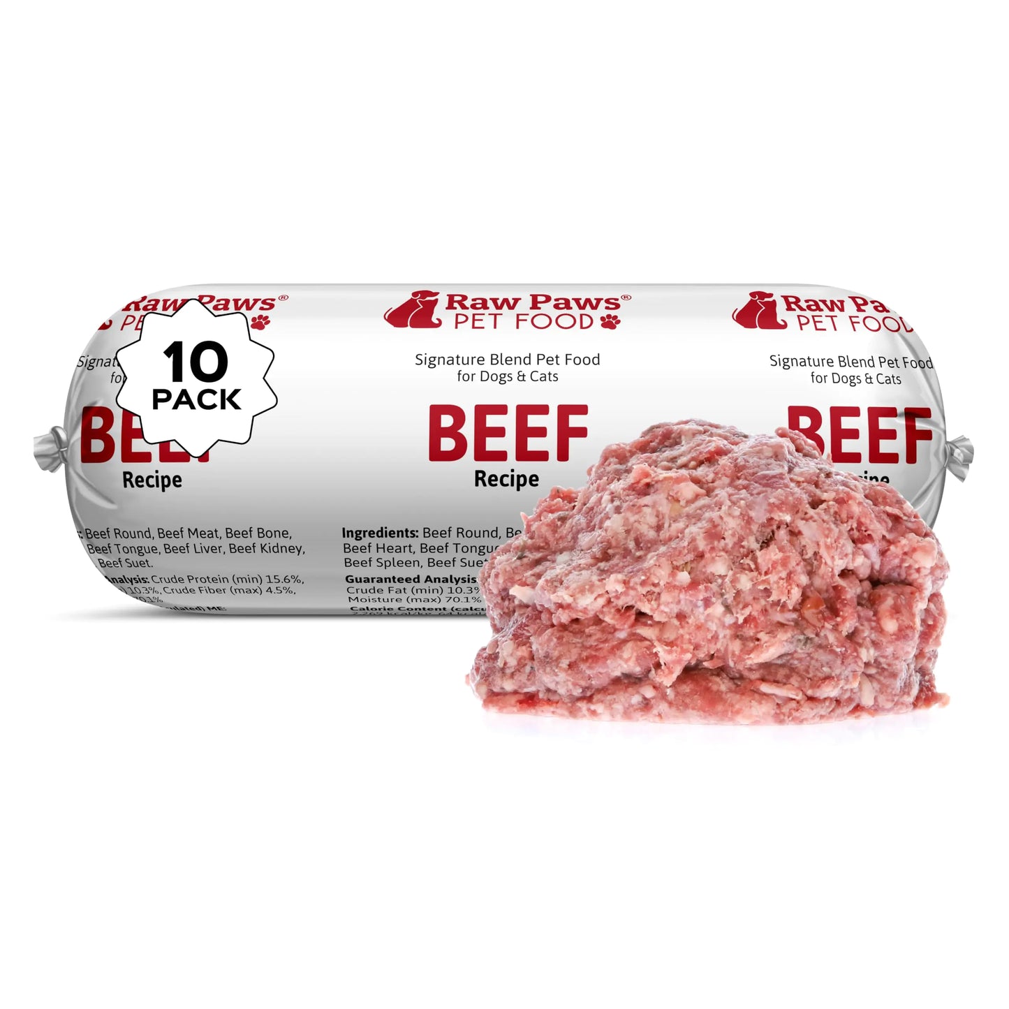 Raw Paws Signature Blend Pet Food for Dogs & Cats - Beef Recipe 1-lb Rolls (10 Pack) - Fresh Pet Food Made in USA Grass-Fed Beef Dog Food Log Natural Dog Food Rolls Raw Frozen Dog Food & Cat Food