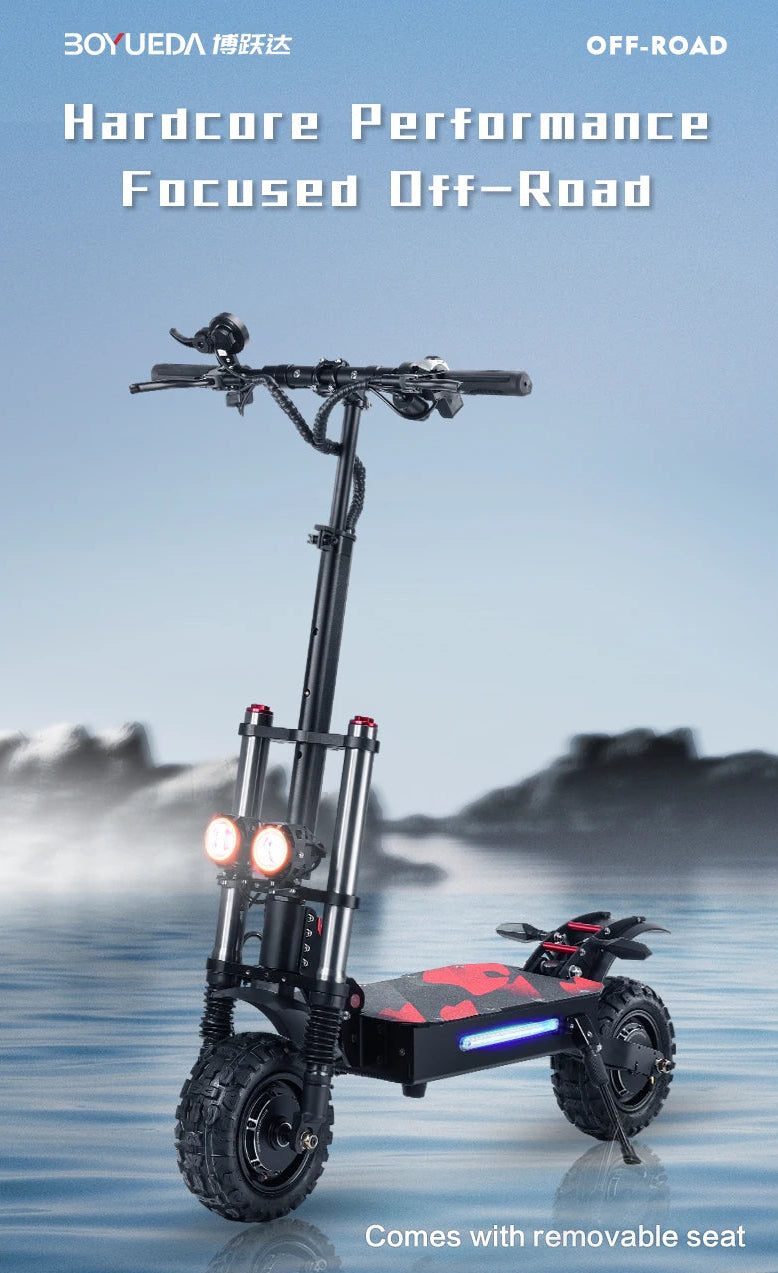 Off-road scooter with 'BOYUEDA' branding on a water and mountain background