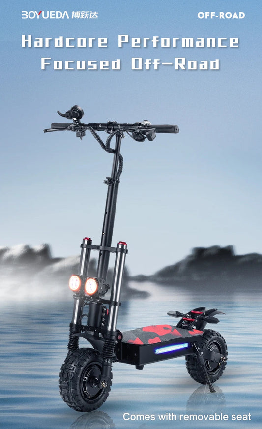 Off-road scooter with 'BOYUEDA' branding on a water and mountain background