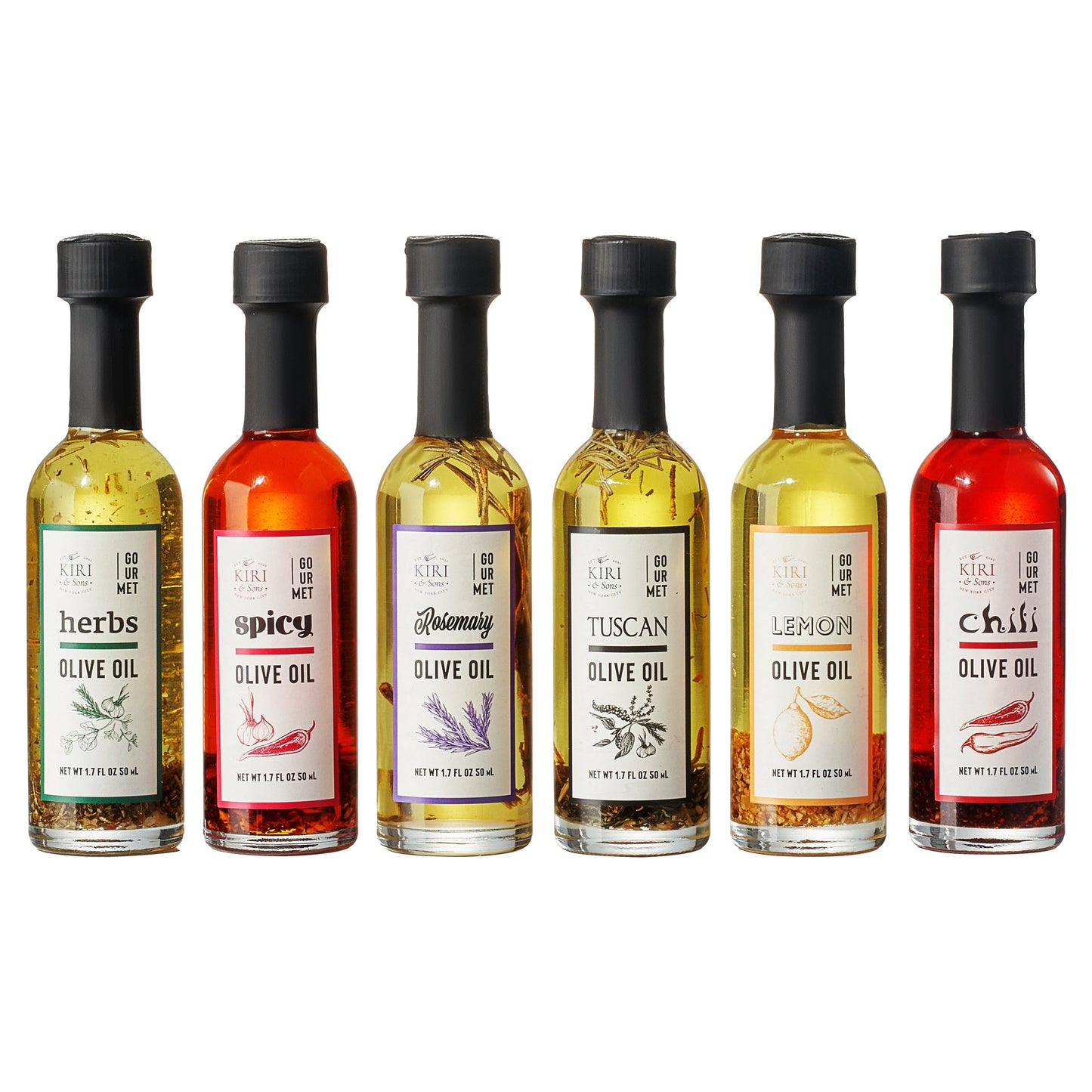 Olive Oil Gourmet Sampler Gift Set of 6 - Premium Extra-Virgin Blend Olive Oil Made In Spain, Natural Flavors Include Herbs, Chili, Spice, Rosemary, Tuscan & Lemon - Gifts for Her, Him