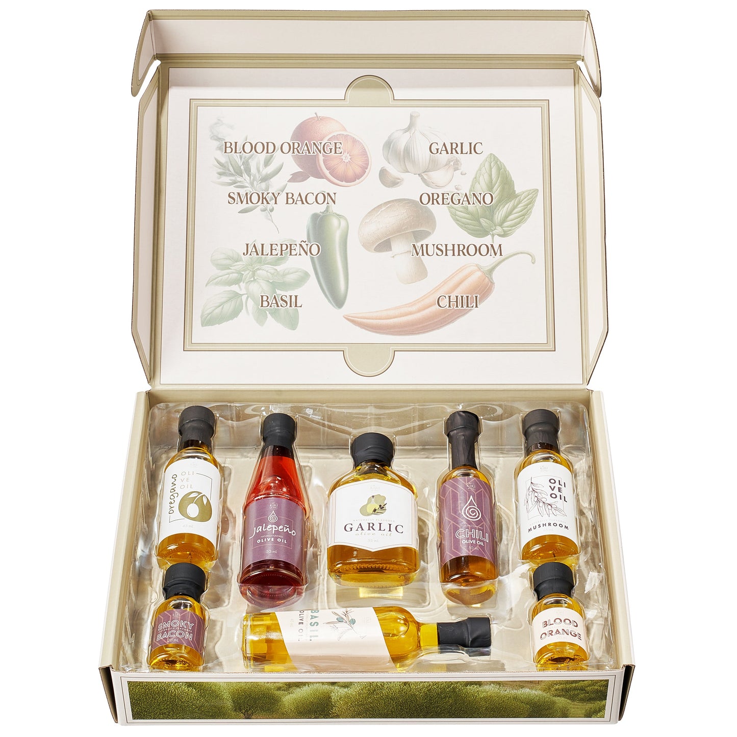 Olive Oil Gourmet Sampler Gift Set of 8 - Premium Extra-Virgin Olive Oil Made In Spain, Natural Flavors Include Mushroom, Chili, Garlic, Oregano, Blood Orange, Smoky Bacon, Jalapeno, Basil