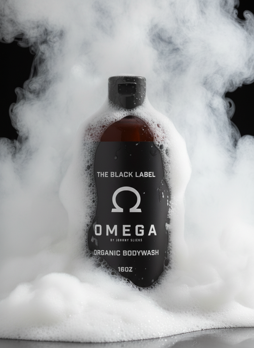 Omega Organic Bodywash bottle with black label on a white background
