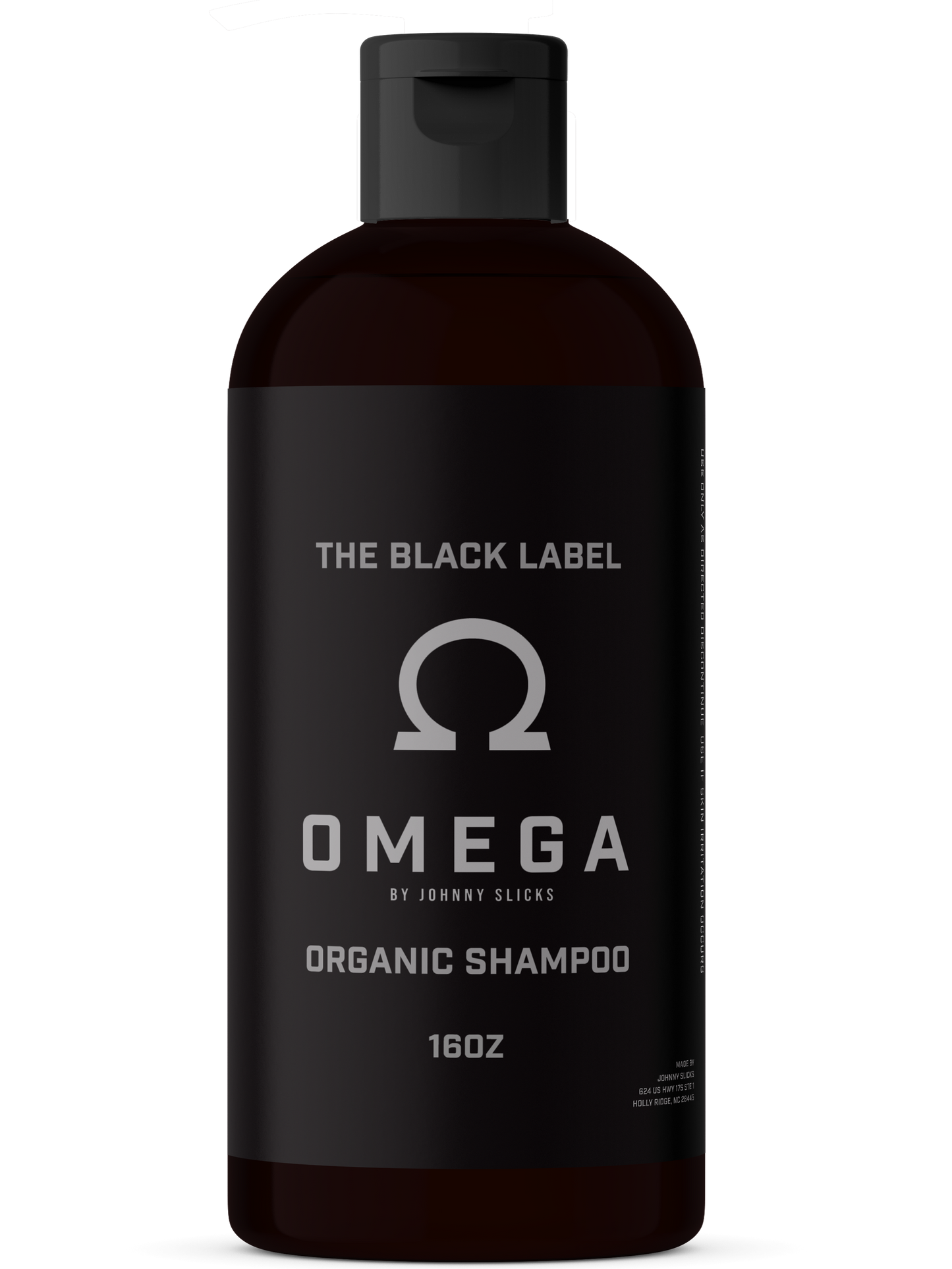 Omega Organic Shampoo bottle with black label on a white background