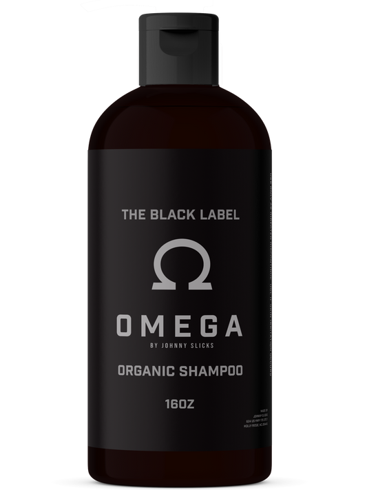 Omega Organic Shampoo bottle with black label on a white background