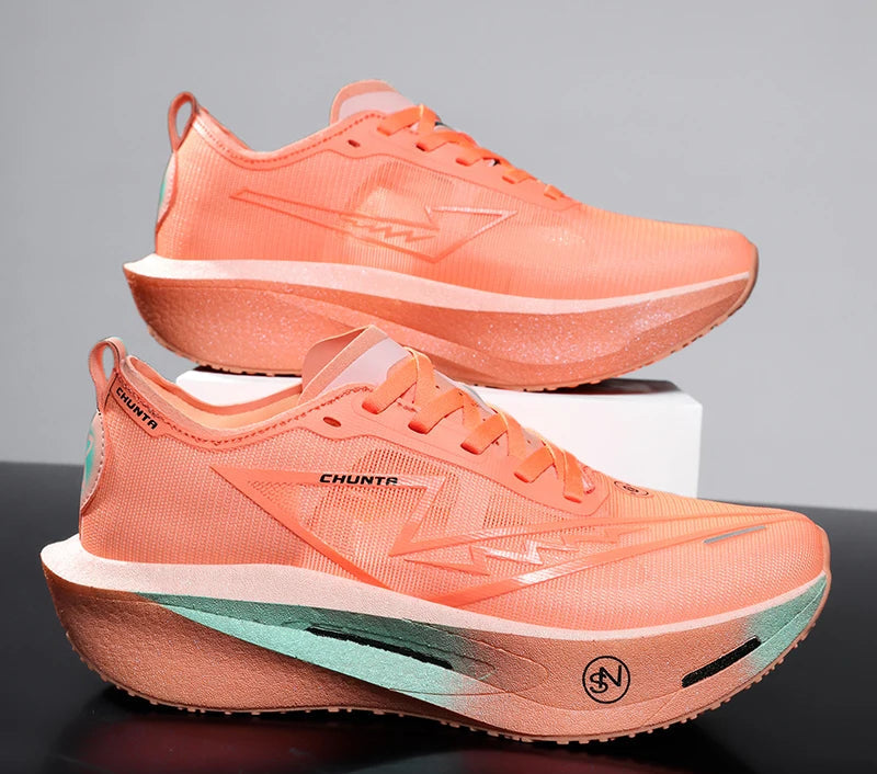 Orange running shoes with a gray background and promotional text overlay.