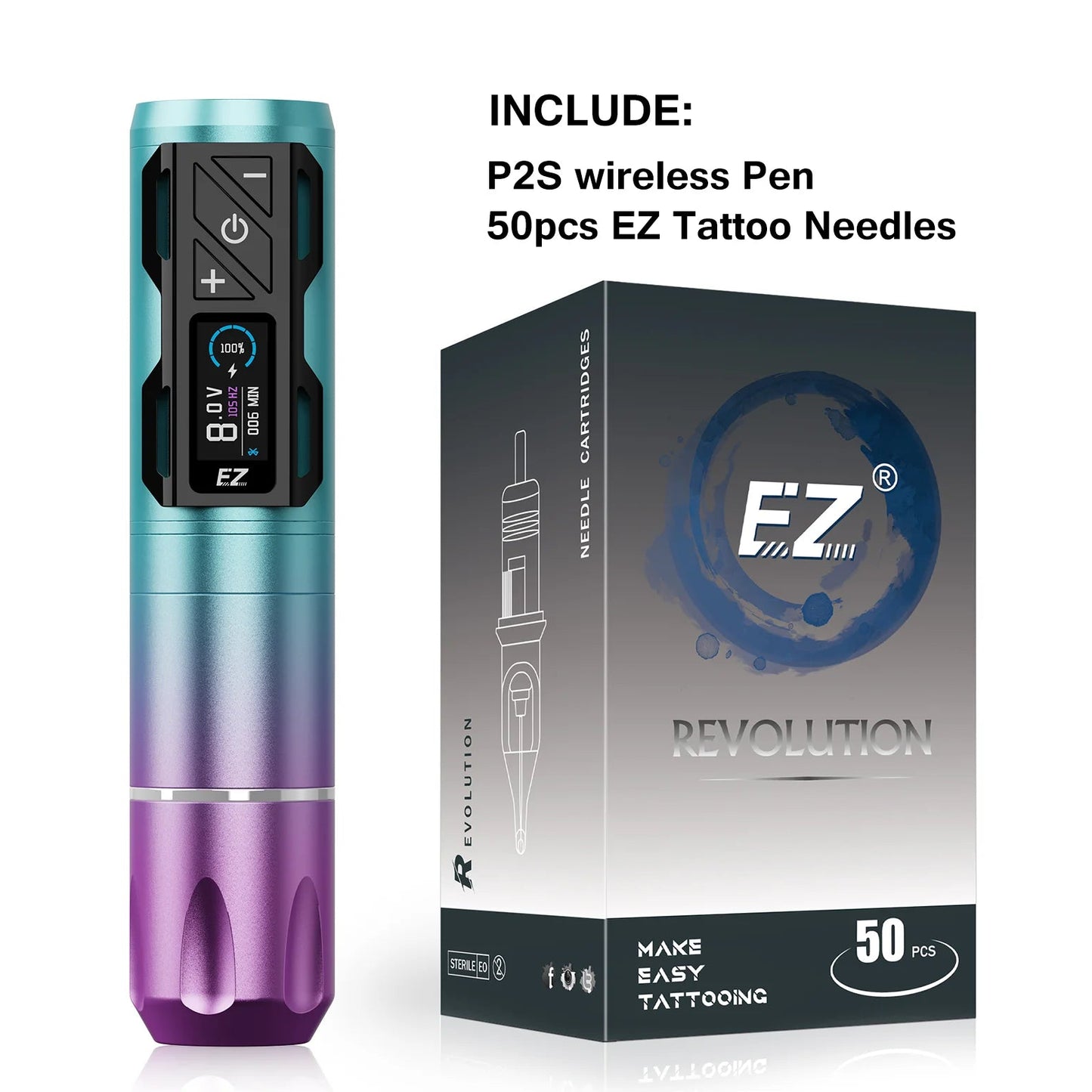 P2S wireless tattoo pen with EZ tattoo needles packaging on a white background