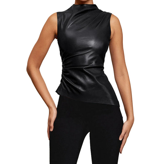 PU Leather Tank Tops Women Summer Sleeveless Pleated Slim Female Top Sexy Sheath Zipper Elastic Lady Ruched Shirt Streetwear - Premium  from Lizard Vigilante - Just $12.99! Shop now at Lizard Vigilante