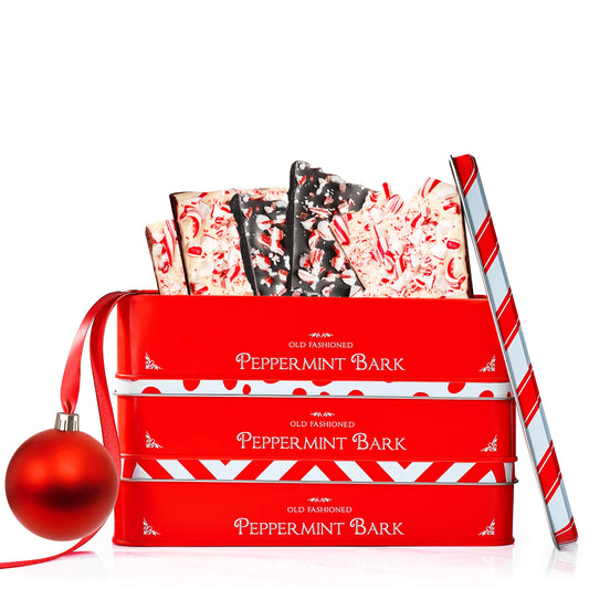 Handmade 3 Set Layered Original, Dark Chocolate & Salted Caramel Dark & White Chocolate Peppermint Bark - 3Lb Holiday Squares, Christmas & Winter Candy Sweets Gift Tin, Old Fashioned Treat