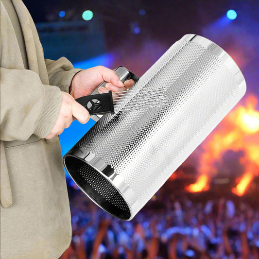 Person using a metallic guiro on a white background