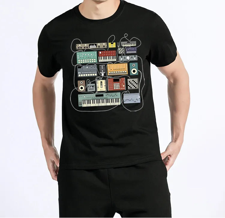 Person wearing a black t-shirt with electronic equipment graphic on a white background