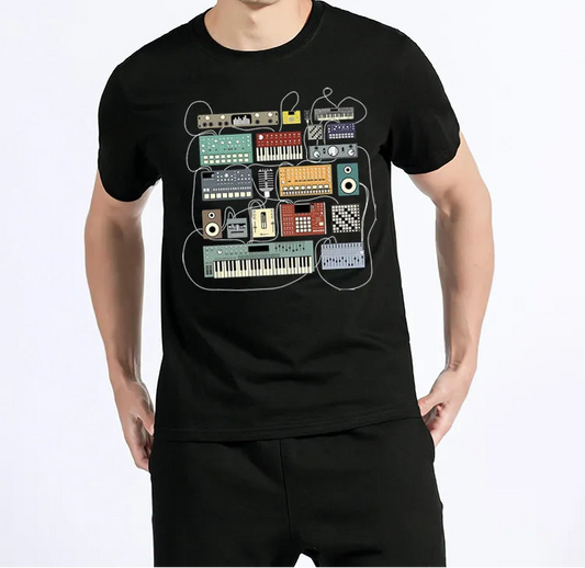 Person wearing a black t-shirt with electronic equipment graphic on a white background