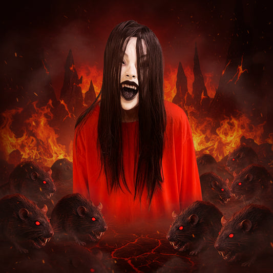 Person wearing a black wig and red shirt with an open mouth mask on a white background

